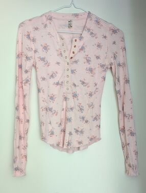 Free People Blush Pink Floral Waffle Henley
